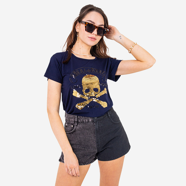 T-shirt femme bleu marine avec sequins et inscriptions - Vêtements