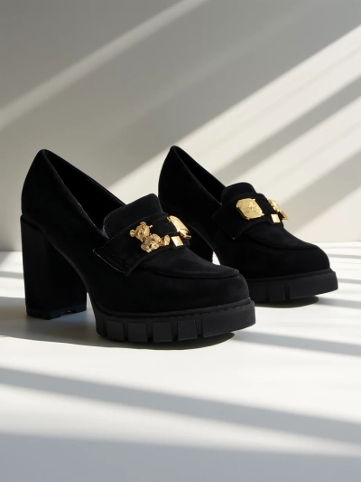 Chaussures Noires Spectaculaires à Talons Carrés en Daim Élégantes et Tendances