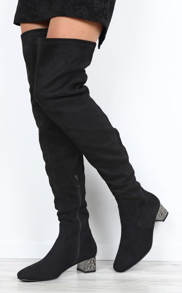 Czarne, długie kozaki ze zdobionym obcasem Back Again- Obuwie