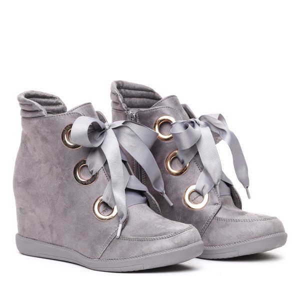Szare sneakersy na krytym koturnie wiązane wstążką Andi- Obuwie