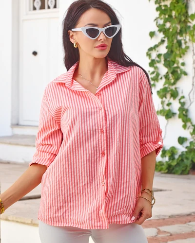 Chemise en coton rayée pour femmes de Royalfashion avec un nœud en bas