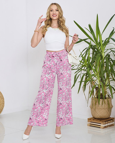 Pantalon palazzo rose à fleurs blanches pour femme - Vêtements