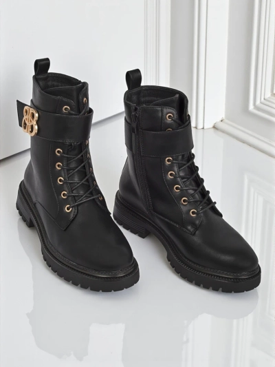 Bottines en cuir Artemisia Nero à bout rond avec fermeture éclair et boucle dorée