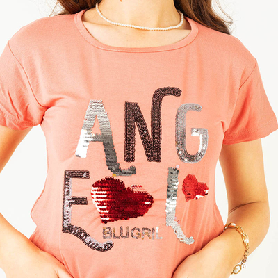 T-shirt femme corail inscription sequins - Vêtements
