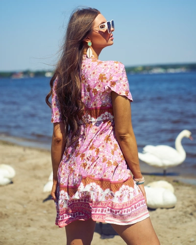Royalfashion Robe courte pour femme rose été
