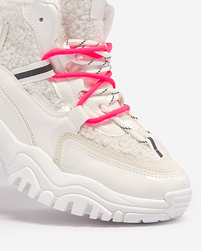 Chaussures de sport blanches pour femmes avec fourrure et lacets rose fluo Sagglo- Footwear