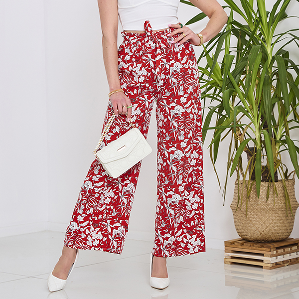 Pantalon palazzo rouge à fleurs blanches pour femme - Vêtements