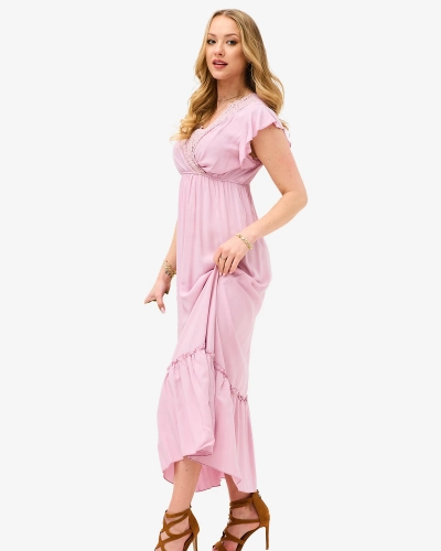 Robe longue rose pour femme avec dentelle - Vêtements