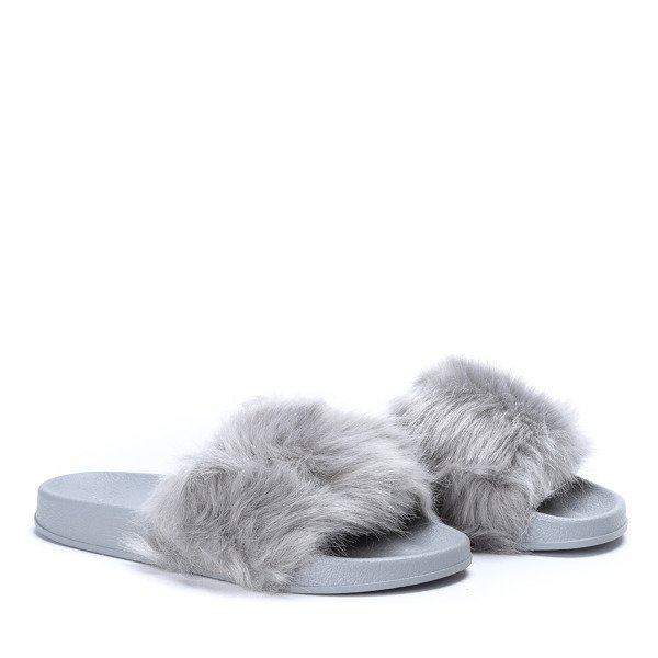 Jasnoszare klapki z futerkiem Millie- Obuwie