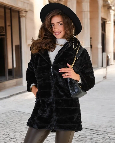 Royalfashion Manteau noir pour femme en fourrure