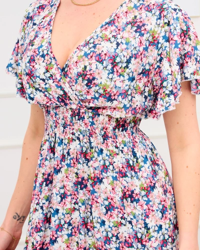 Robe longue à fleurs bleues et roses pour femme - Vêtements