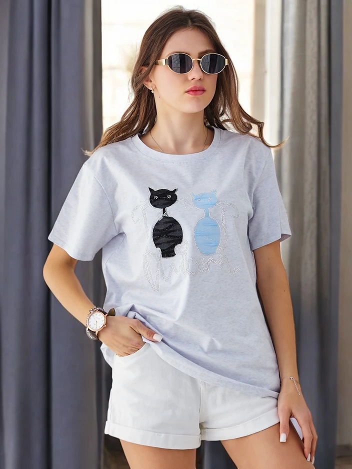 T-shirt en coton pour femmes Royalfashion avec des chatons