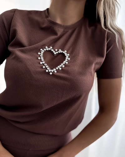 Royalfashion Ensemble de sport pour femmes marron foncé avec cœurs