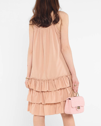 Robe camel à bretelles et volants femme - Vêtements