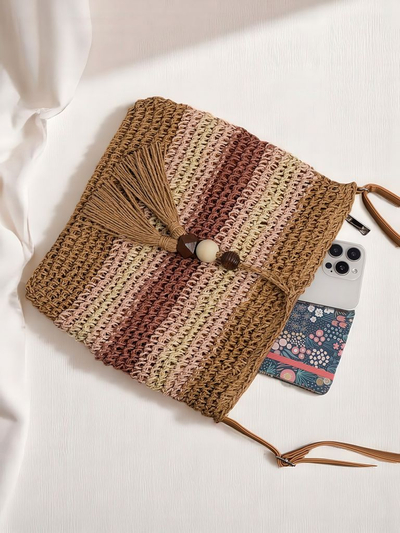 Royalfashion Petit sac à main en paille pour femme Rayé Charm Mini