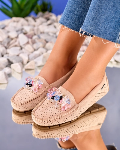 Royalfashion Mocassins ajourés pour femme marron clair avec cristaux décoratifs Cizzas