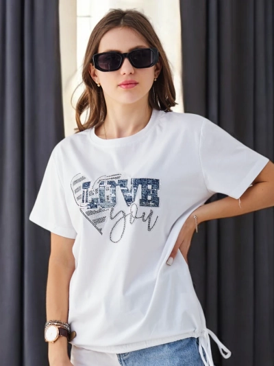 Royalfashion T-shirt en coton pour femmes LOVE avec des strass