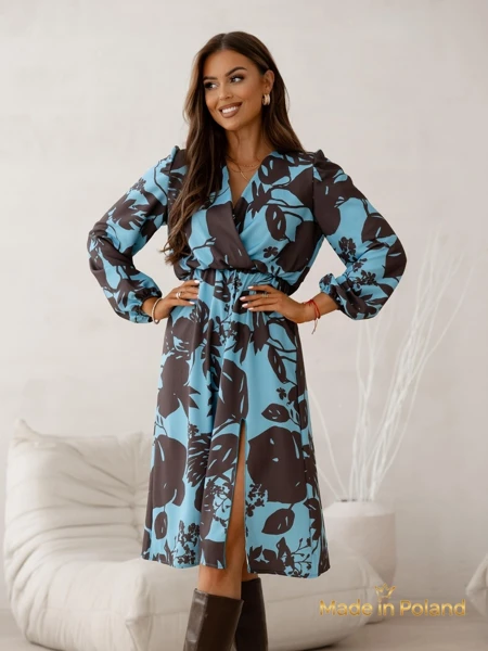 Robe Afrodyta Blu Oceano – midi bleue, manches longues, style classique