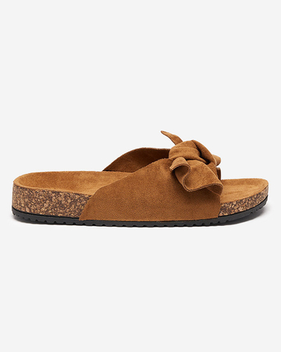 Pantoufles pour femmes en daim écologique avec un nœud de couleur camel Dofro- Footwear