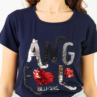 T-shirt femme bleu marine avec inscription sequins - Vêtements