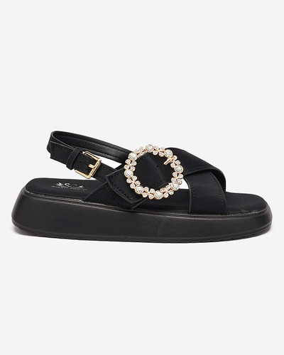 Sandales pour femmes en tissu noir sur semelle plate avec zircons cubiques Senire - Footwear