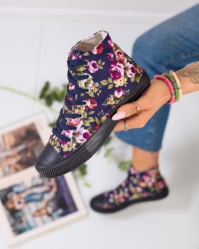 Royalfashion Baskets montantes bleu marine pour femme avec fleurs colorées Soxic