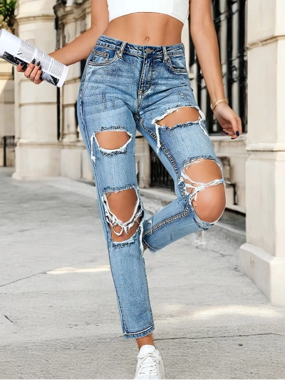 Royalfashion Jean tube pour femme avec frottement