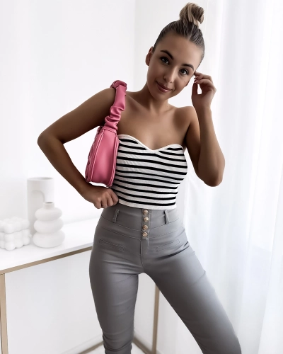 Royalfashion Pantalon tube pour femme gris avec boutons dorés