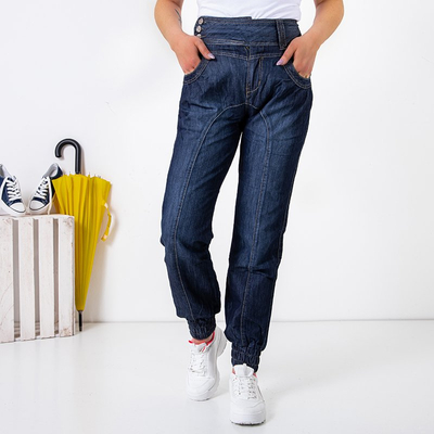 Jean femme bleu marine avec une bande élastique sur les jambes - Vêtements