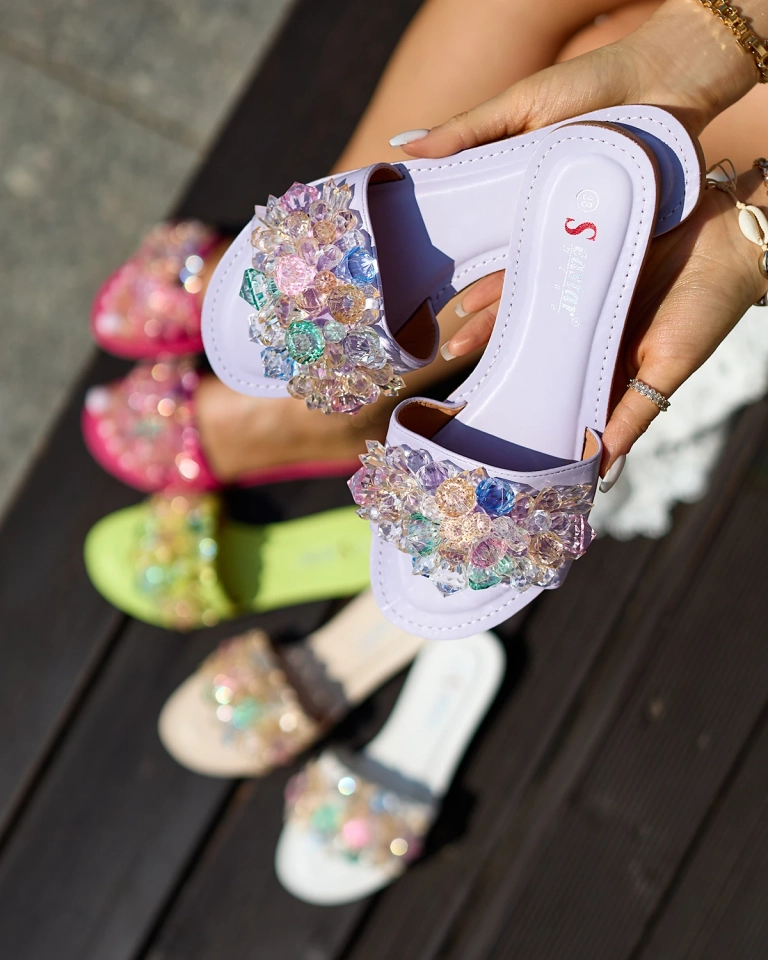 Royalfashion Tongs femme violet avec cristaux colorés Bling Breeze