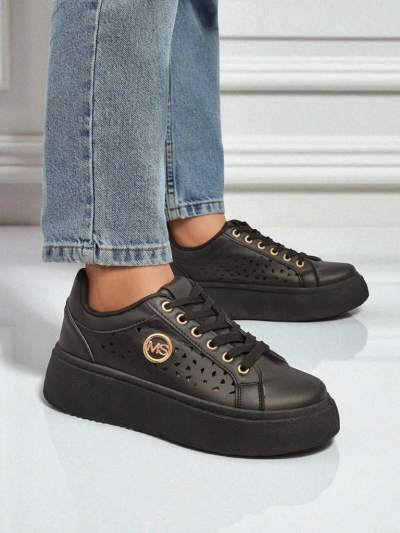 Aurelia Nero - Plateforme noire Royalfashion en cuir écologique, modèle LH201-8