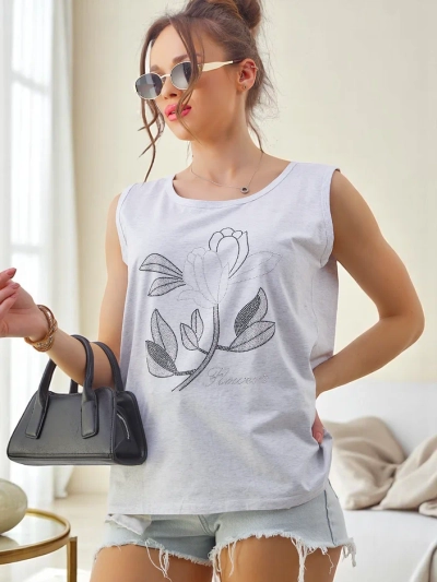 Top sans manches en coton Royalfashion pour femmes avec des strass FLEURS
