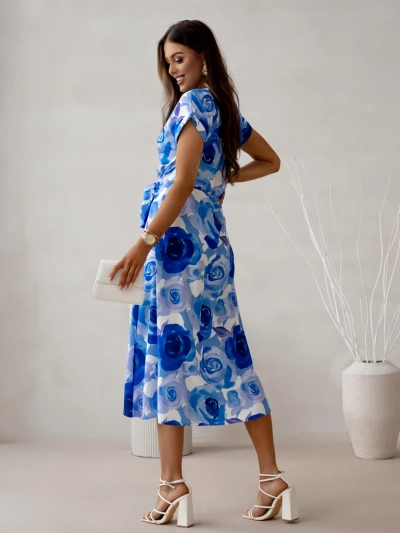 Robe midi femme Royalfashion avec manches courtes, décolleté enveloppant en fleurs de roses