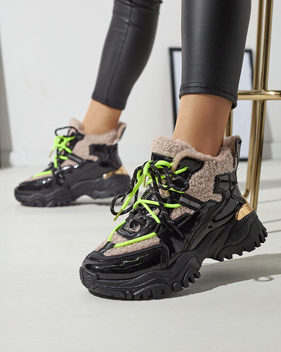 Chaussures de sport noires pour femmes avec fourrure et lacets jaune fluo Adbo- Footwear