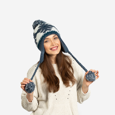 Bonnet isotherme femme bleu marine flocons de neige à pompons - Accessoires