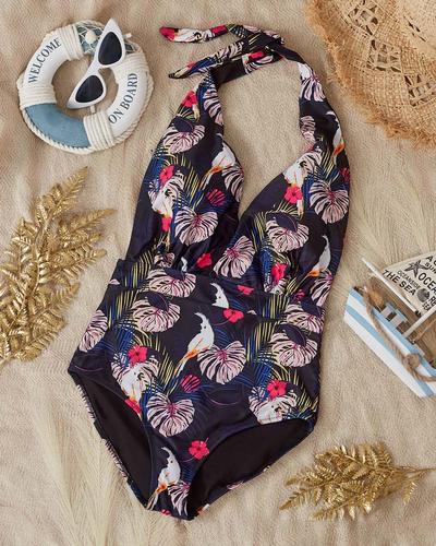 Maillot de bain femme 1 pièce noir et rose à motifs - Vêtement