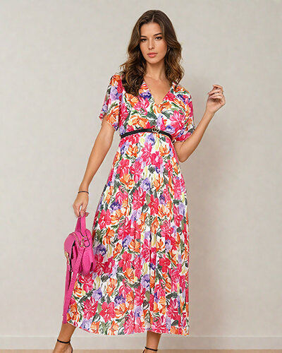 Royalfashion Robe midi florale plissée pour femme