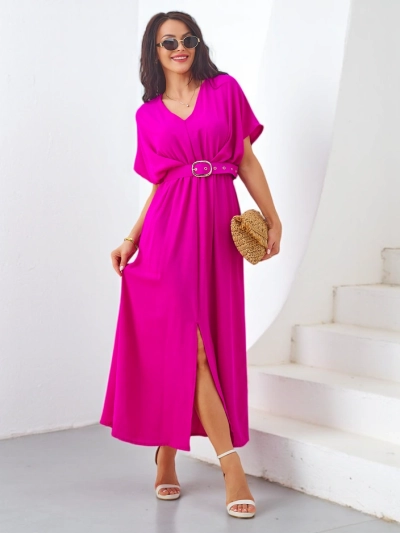 Robe midi pour femmes Royalfashion avec manches courtes, décolleté en V et une fente centrale