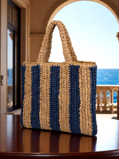Royalfashion Grand sac en paille pour femme Sac en paille rayé