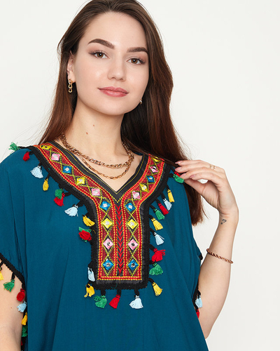 Tunique de plage été femme turquoise à franges - Vêtements