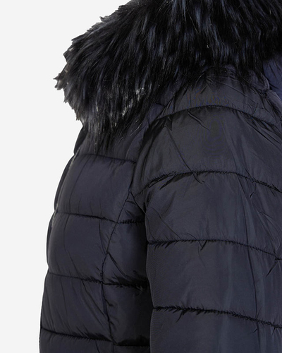 Veste matelassée pour femme bleu marine avec capuche et fourrure- Vêtements