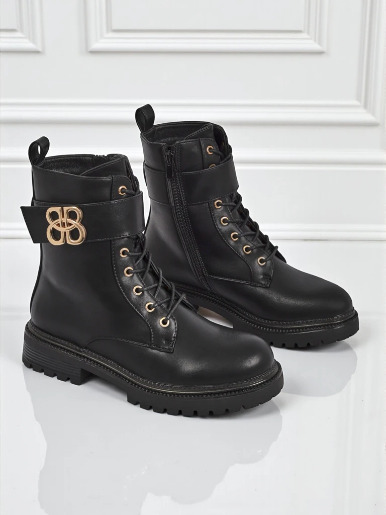 Bottines en cuir Artemisia Nero à bout rond avec fermeture éclair et boucle dorée