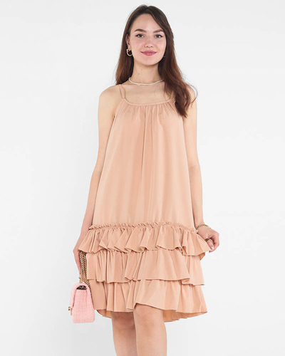 Robe camel à bretelles et volants femme - Vêtements
