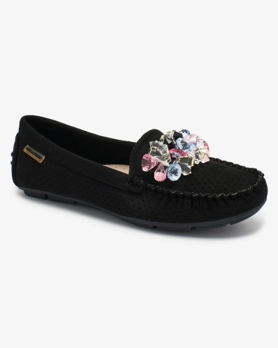 Royalfashion Mocassins noirs ajourés pour femme avec cristaux décoratifs Cizzas