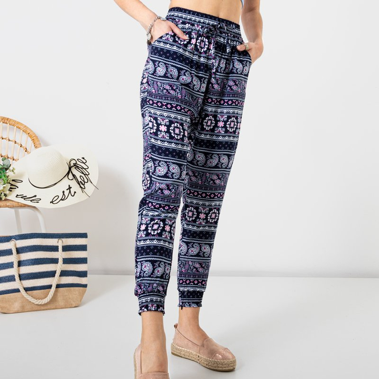 Pantalon femme en tissu bleu marine à motifs GRANDES TAILLES - Vêtements