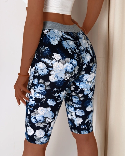 Short 3/4 femme bleu à motif fleuri - Vêtements