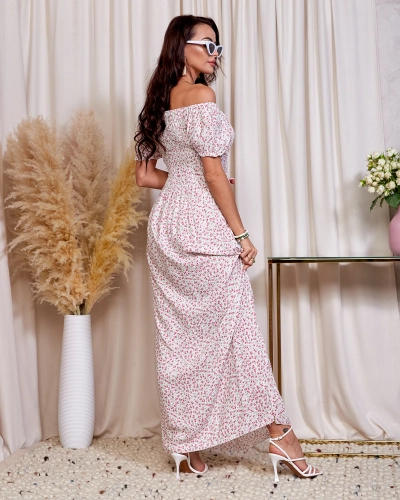 Robe longue à fleurs blanches et roses pour femme a'la hiszpanka- Vêtements