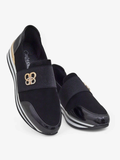 Slip-on pour femmes Elektra Nero avec accent doré, cuir écologique, 3,5 cm