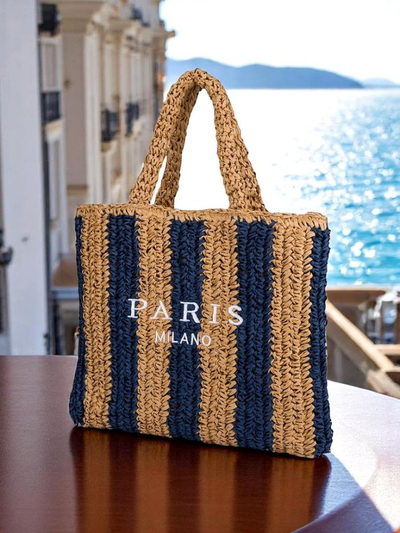 Royalfashion Grand sac en paille pour femme Sac en paille rayé