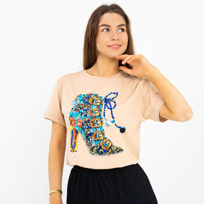 Blouse beige unique pour femme avec imprimé coloré et paillettes - Vêtements